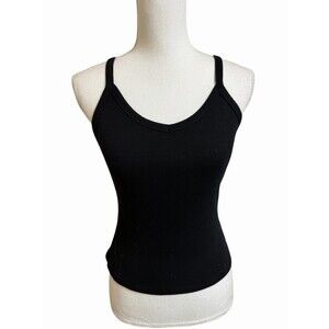 NWT Automet Womens M Black Cotton Stretch Ribbed Tank Top Adjustable Straps Crop